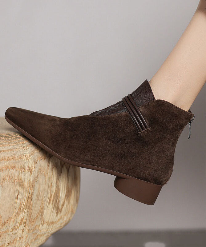 French Brown Suede Splicing Ankle Boots Pointed Toe TE023 ABC