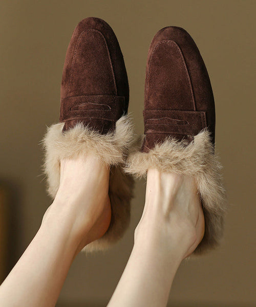 French Brown Suede Splicing Slippers Shoes Fuzzy Wool Lined YC011 ABC