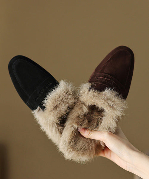 French Brown Suede Splicing Slippers Shoes Fuzzy Wool Lined YC011 ABC