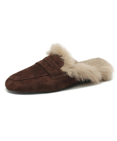 French Brown Suede Splicing Slippers Shoes Fuzzy Wool Lined YC011 ABC