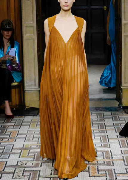 Neck French V Dresses Long Brown Wrinkled Chiffon Sleeveless FashionChic