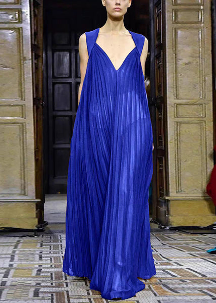 Neck French V Dresses Long Brown Wrinkled Chiffon Sleeveless FashionChic