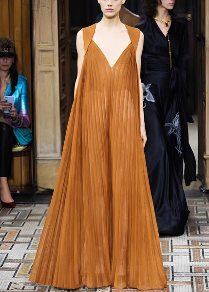 Neck French V Dresses Long Brown Wrinkled Chiffon Sleeveless FashionChic