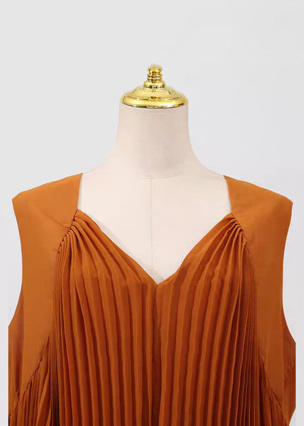 Neck French V Dresses Long Brown Wrinkled Chiffon Sleeveless FashionChic