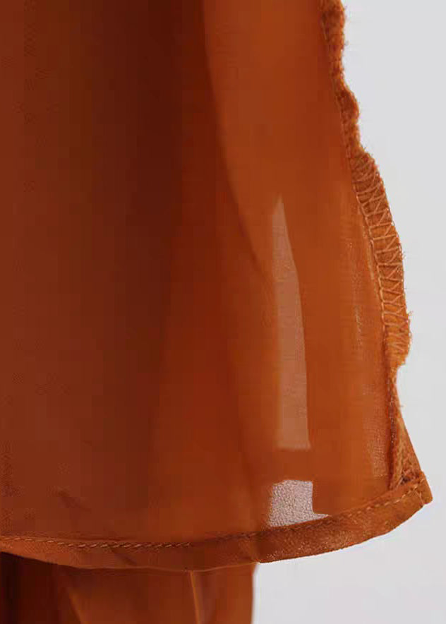 Neck French V Dresses Long Brown Wrinkled Chiffon Sleeveless FashionChic