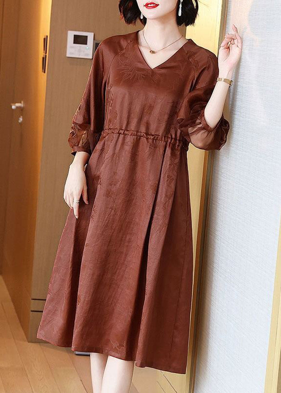 French Caramel Embroidered Tie Waist Pockets Silk Dresses Bracelet Sleeve OP1055 Ada Fashion