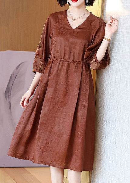 French Caramel Embroidered Tie Waist Pockets Silk Dresses Bracelet Sleeve OP1055 Ada Fashion