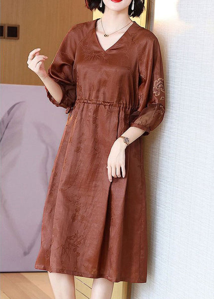 French Caramel Embroidered Tie Waist Pockets Silk Dresses Bracelet Sleeve OP1055 Ada Fashion