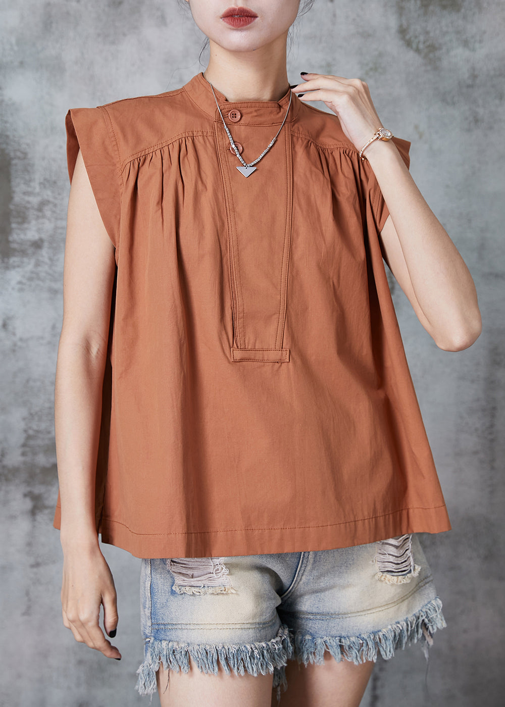 French Caramel Stand Collar Cotton Tank AL1004 Genistyle Shop