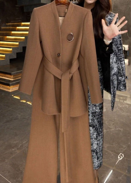 French Caramel Tie Waist Coats And Wide Leg Pants Two Piece Set Winter RF045 ABC