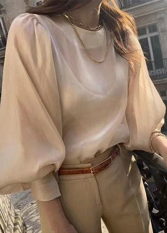Silk Lantern Draping Sleeve French Blouses Champagne Sheer FashionChic