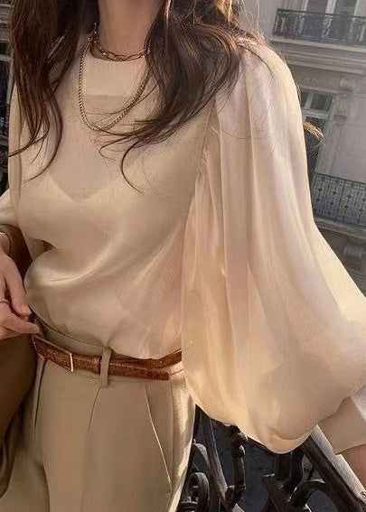 Silk Lantern Draping Sleeve French Blouses Champagne Sheer FashionChic