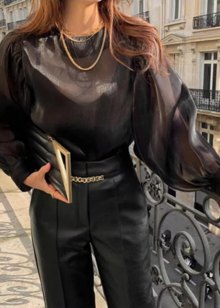 Silk Lantern Draping Sleeve French Blouses Champagne Sheer FashionChic