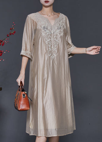 French Champagne Embroidered Linen Silk Dresses Half Sleeve SD1098 Ada Fashion