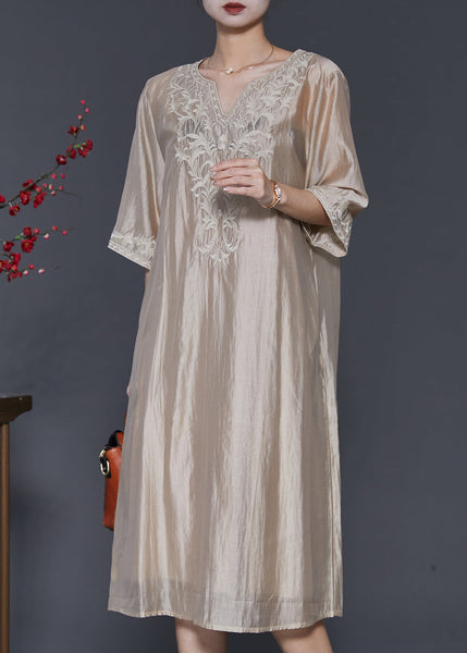 French Champagne Embroidered Linen Silk Dresses Half Sleeve SD1098 Ada Fashion