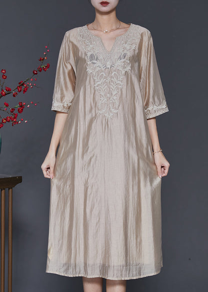 French Champagne Embroidered Linen Silk Dresses Half Sleeve SD1098 Ada Fashion