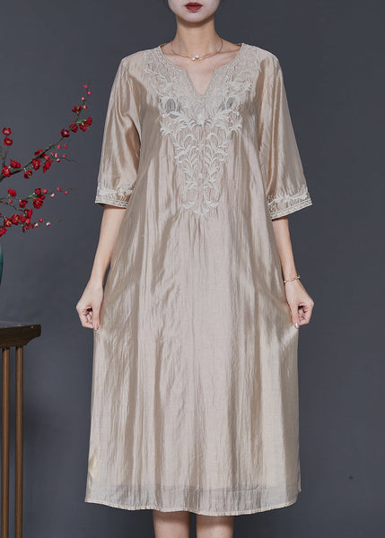 French Champagne Embroidered Linen Silk Dresses Half Sleeve SD1098 Ada Fashion