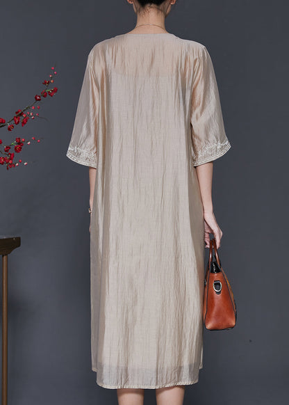 French Champagne Embroidered Linen Silk Dresses Half Sleeve SD1098 Ada Fashion