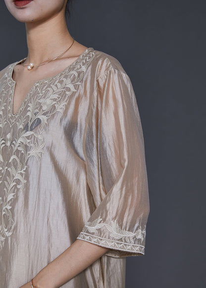 French Champagne Embroidered Linen Silk Dresses Half Sleeve SD1098 Ada Fashion