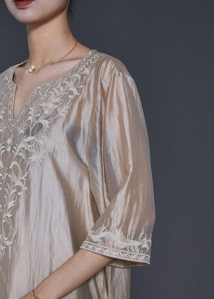 French Champagne Embroidered Linen Silk Dresses Half Sleeve SD1098 Ada Fashion