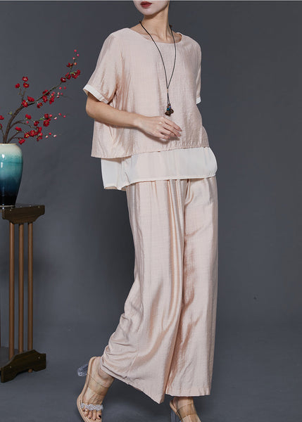 French Champagne Oversized Patchwork Linen Silk 2 Piece Outfit Summer SD1081 Ada Fashion