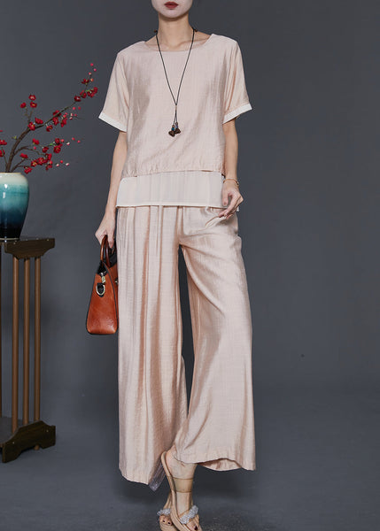 French Champagne Oversized Patchwork Linen Silk 2 Piece Outfit Summer SD1081 Ada Fashion