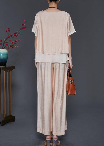 French Champagne Oversized Patchwork Linen Silk 2 Piece Outfit Summer SD1081 Ada Fashion