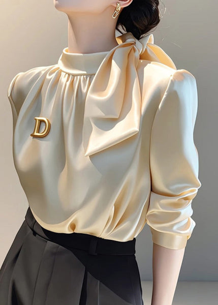 Silk Spring French Stand Champagne Bow Blouse Collar Top FashionChic