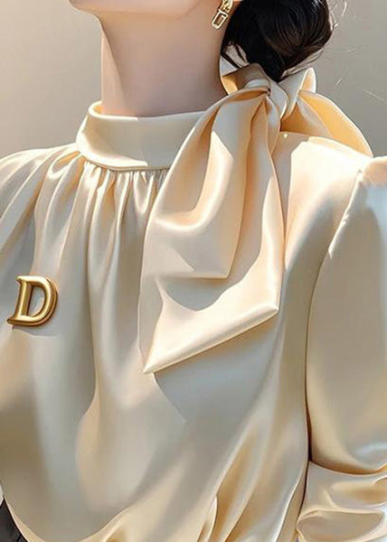 Silk Spring French Stand Champagne Bow Blouse Collar Top FashionChic