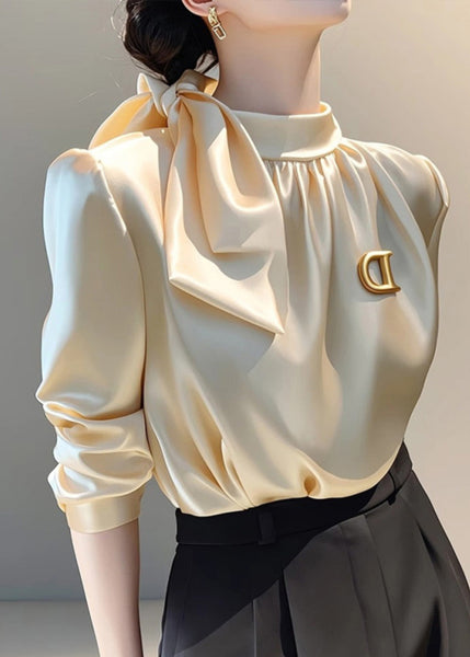 Silk Spring French Stand Champagne Bow Blouse Collar Top FashionChic