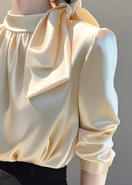 Silk Spring French Stand Champagne Bow Blouse Collar Top FashionChic