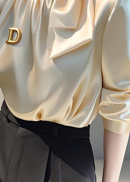 Silk Spring French Stand Champagne Bow Blouse Collar Top FashionChic