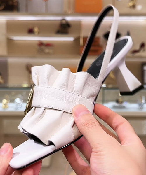 French Chunky Heel Sandals Peep Toe Black Cowhide Leather OI079 shoe-LX240801