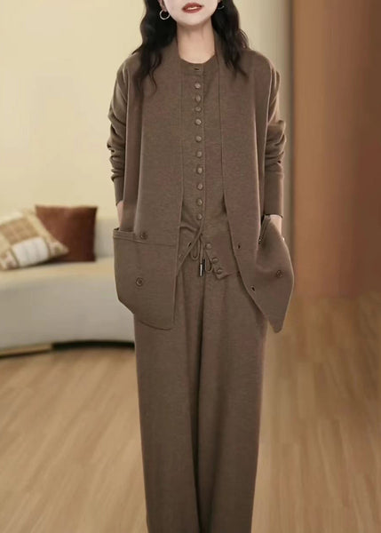 French Coffee Button Pockets Elastic Waist Wool Three Pieces Set Winte RF025 ABC