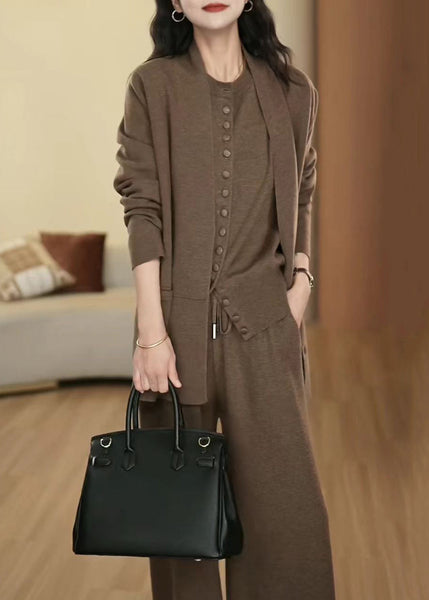 French Coffee Button Pockets Elastic Waist Wool Three Pieces Set Winte RF025 ABC