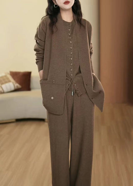 French Coffee Button Pockets Elastic Waist Wool Three Pieces Set Winte RF025 ABC