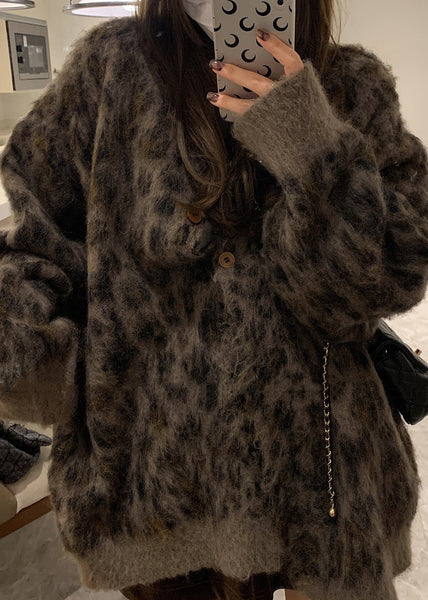 French Coffee O Neck Leopard Print Button Knit Cardigans Spring TN033 ABC