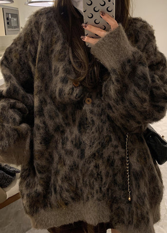 French Coffee O Neck Leopard Print Button Knit Cardigans Spring TN033 ABC