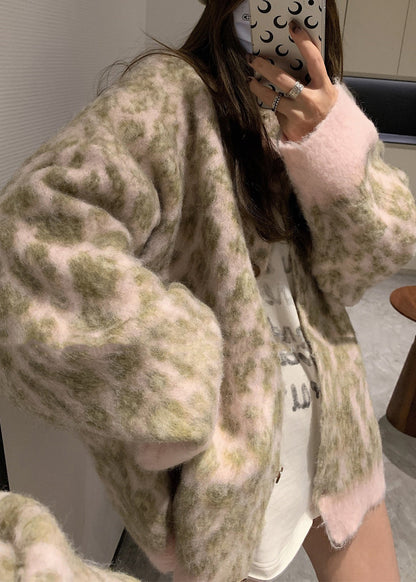 French Coffee O Neck Leopard Print Button Knit Cardigans Spring TN033 ABC