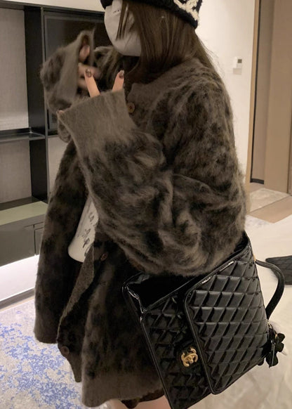 French Coffee O Neck Leopard Print Button Knit Cardigans Spring TN033 ABC