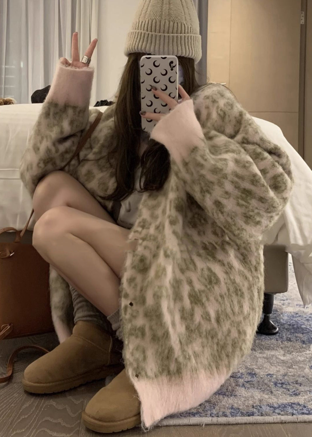 French Coffee O Neck Leopard Print Button Knit Cardigans Spring TN033 ABC