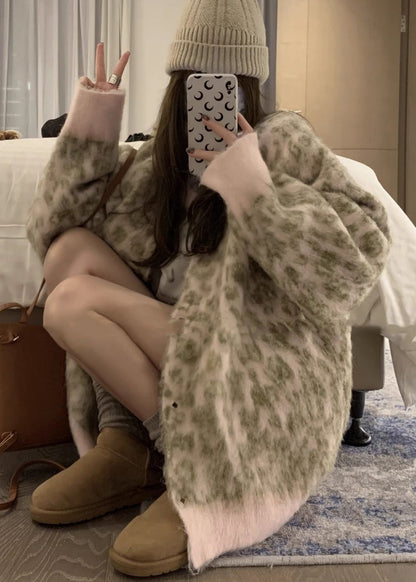 French Coffee O Neck Leopard Print Button Knit Cardigans Spring TN033 ABC