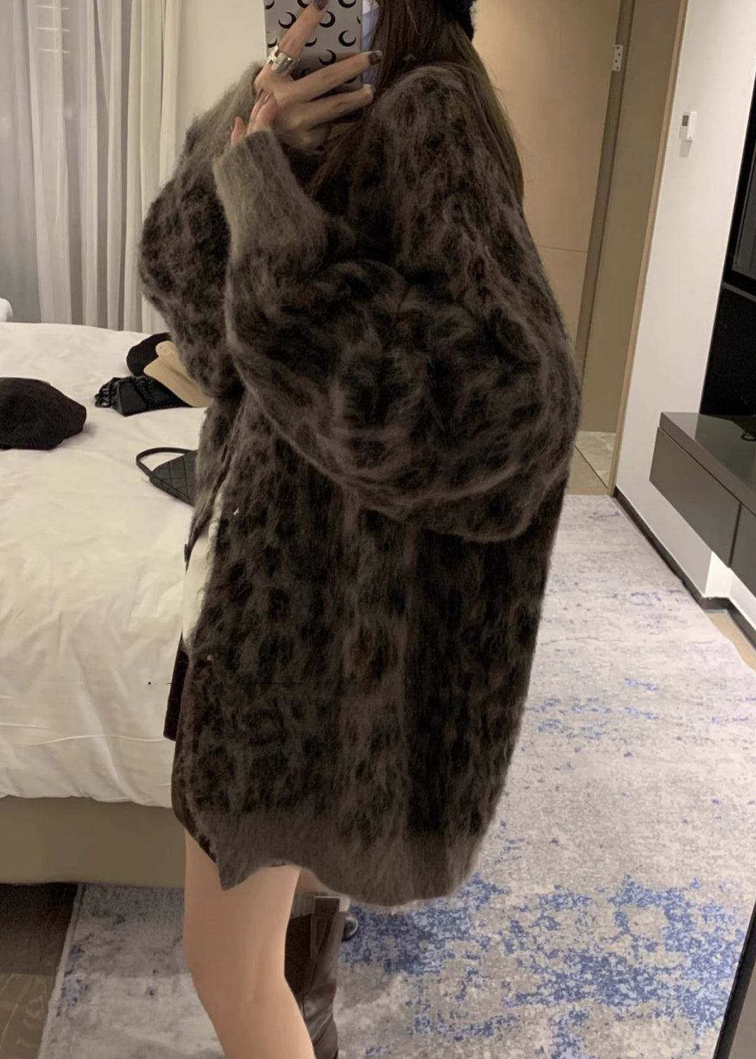 French Coffee O Neck Leopard Print Button Knit Cardigans Spring TN033 ABC