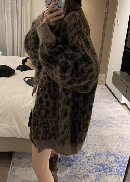 French Coffee O Neck Leopard Print Button Knit Cardigans Spring TN033 ABC