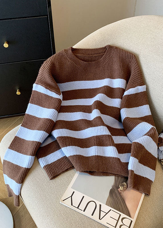 French Coffee O Neck Striped Knit Short Sweater Fall QL055 OM-OL241021