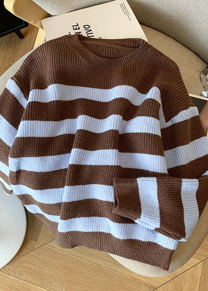 French Coffee O Neck Striped Knit Short Sweater Fall QL055 OM-OL241021