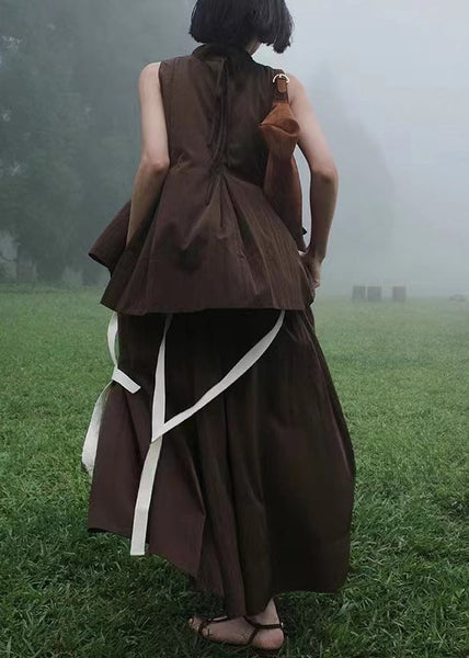 French Coffee Pockets Solid Cotton Two Pieces Set Sleeveless ZL007 SH-LF-TPIEC240621