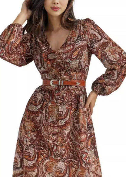 French Coffee V Neck Front Open Cotton Long Dress Fall AU1025 OM-ZS240902