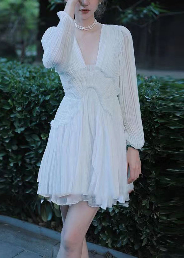 French Coffee V Neck Ruffled Patchwork Chiffon Short Dress Lantern Sleeve ZL078 SH-LF-SDM240621