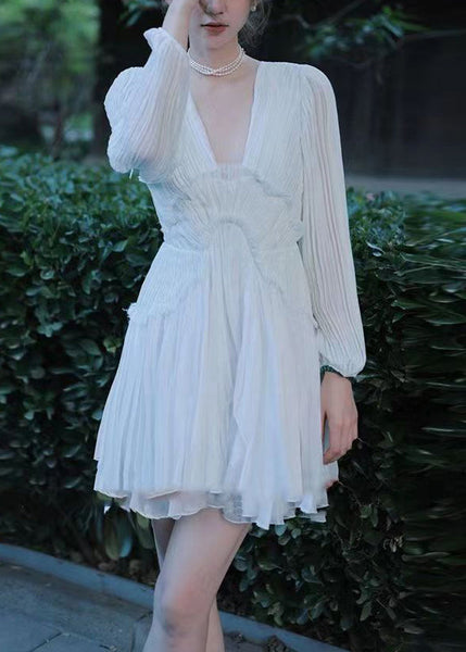 French Coffee V Neck Ruffled Patchwork Chiffon Short Dress Lantern Sleeve ZL078 SH-LF-SDM240621